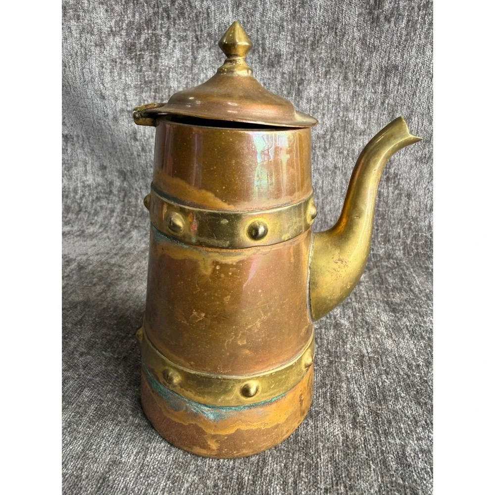 Vintage Handcrafted Mexican Copper Brass Coffee Pot Pitcher Wood Handle 7.5